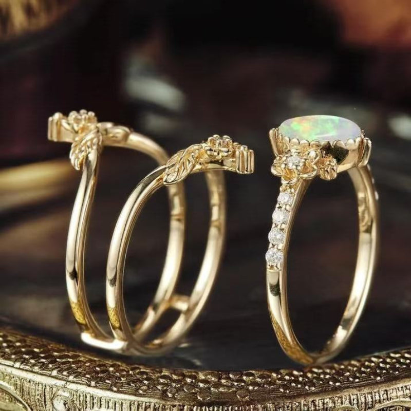 Opal Oval Diamond 3 Piece Stackable Ring Set Women Vintage Floral Leaf Botanical Stacking Rings