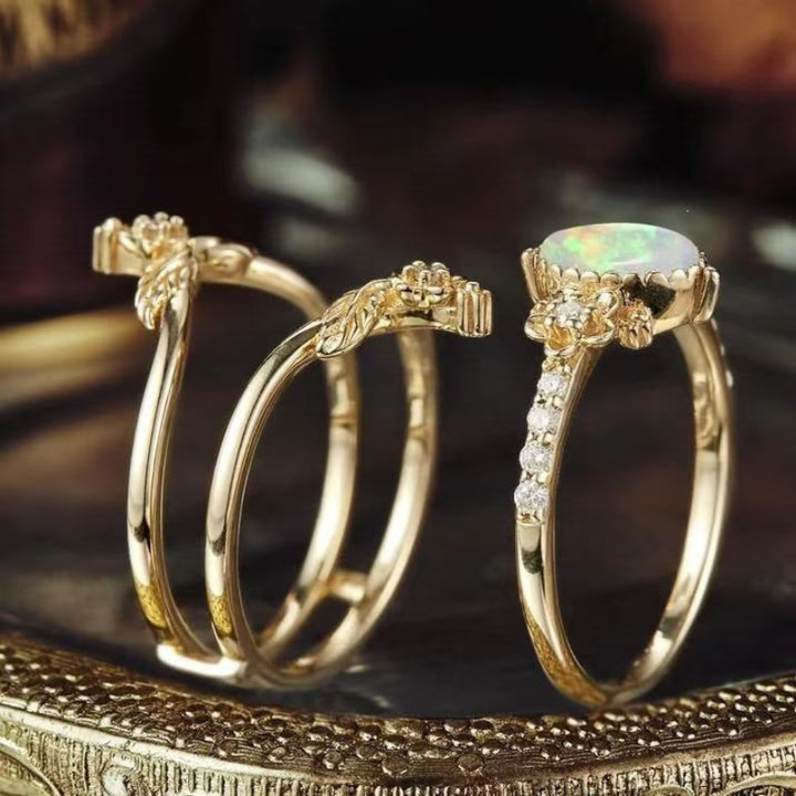 Opal Oval Diamond 3 Piece Stackable Ring Set Women Vintage Floral Leaf Botanical Stacking Rings