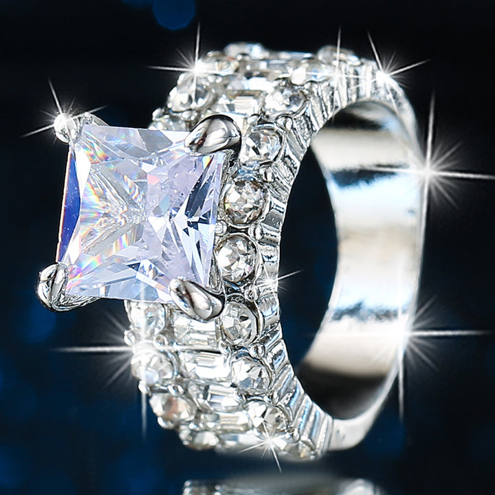 Princess‑Cut Center Stone Full‑Paved Wide Band Ring Four‑Prong Setting Luxurious Women’s Ring