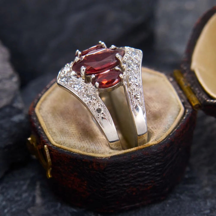 Red Ruby Marquise Three Stone Ring Women Vintage Art Deco Silver Engagement Cocktail Ring