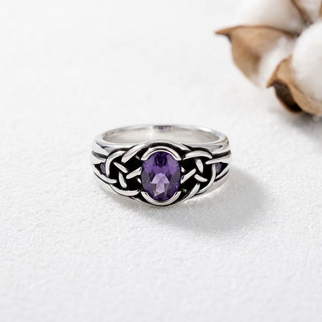 Vintage Celtic Knot Statement Ring Oval Amethyst Main Stone Fashion Jewelry For Men Women