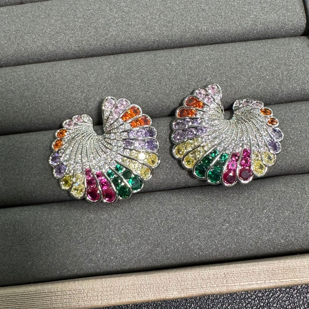 Fan‑Shaped Color Gemstone Paved Diamond Earrings Retro Gorgeous Large Statement Studs