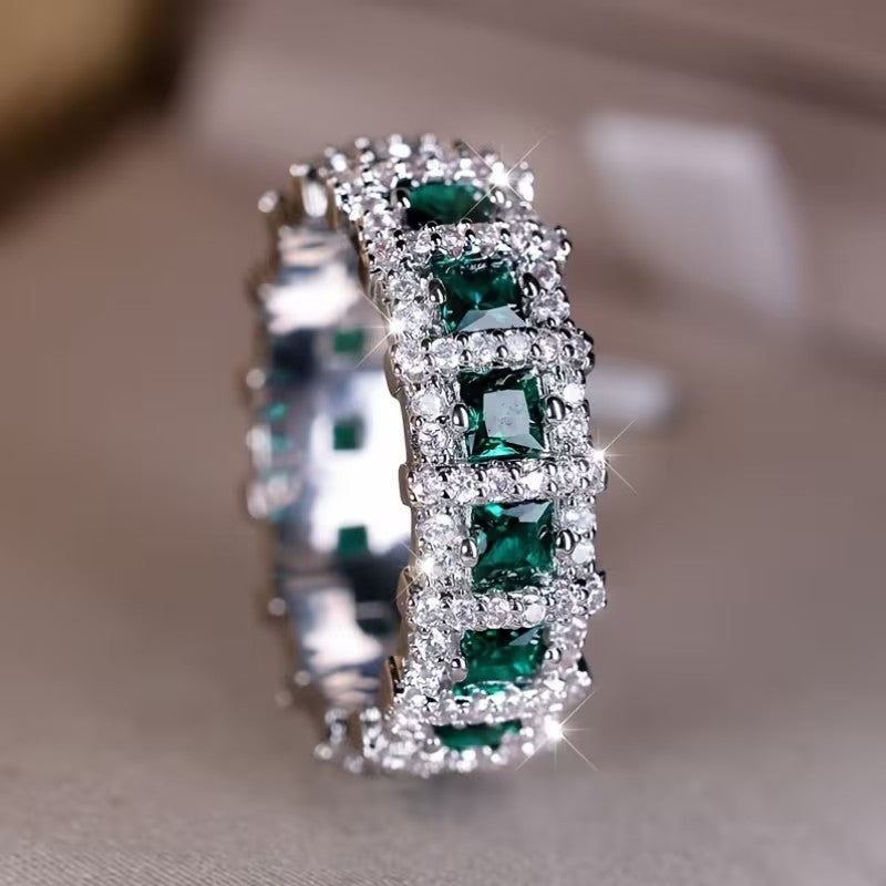 Vintage Full‑Eternity Square Emerald Pave Statement Ring For Women