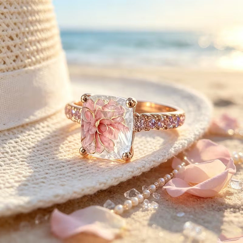 Pink Peony Inlay Cushion Diamond Ring Women Floral Leaf Gold Romantic Engagement Ring
