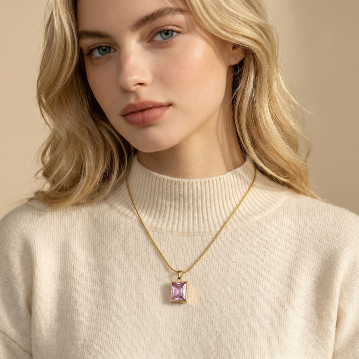 Rectangle Gemstone Snake‑Chain Pendant Necklace Minimalist Square Gem Collarbone Chain