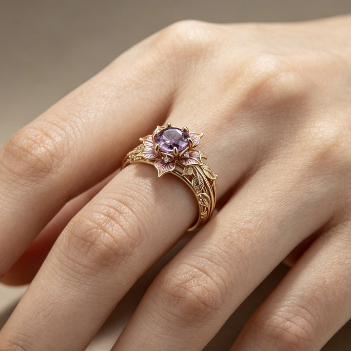 Floral Purple Gem Engagement Ring Nature Inspired Leaf Statement Ring Vintage Romantic Cocktail Ring For Women