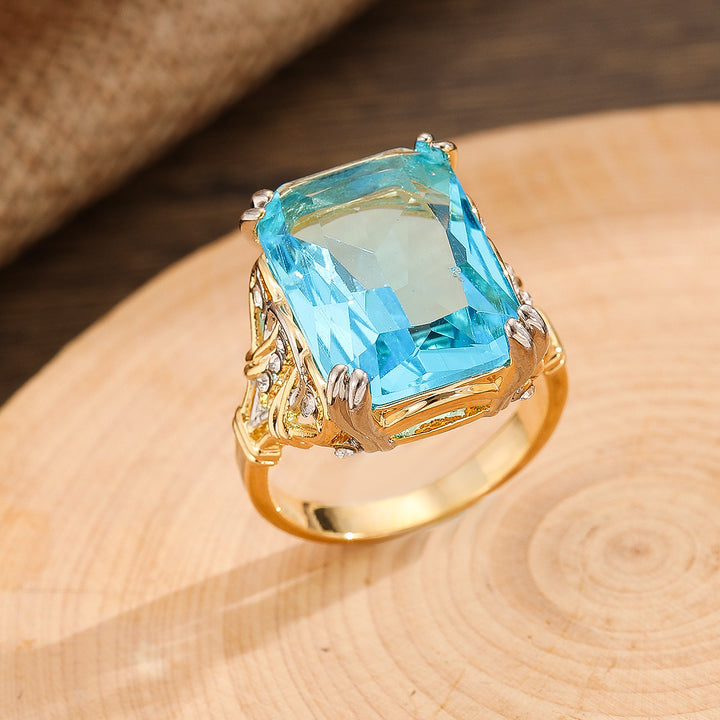 Blue Topaz Emerald Cut Cocktail Ring Women Two Tone Branch Gold Statement Jewelry Gift