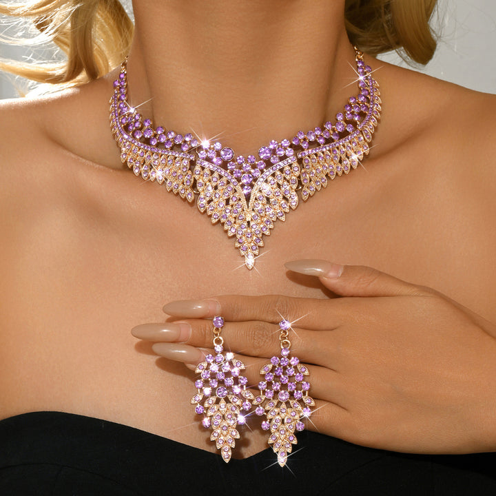 Leaf V Shape Diamond Necklace and Earrings Set Women Statement Wedding Bridal Jewelry Set