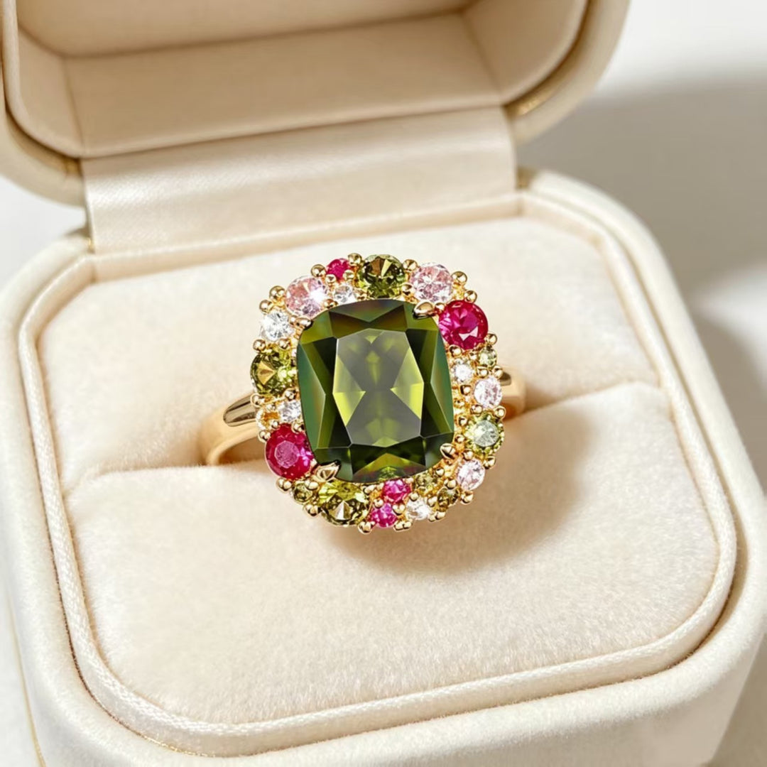 Ornate Multi‑Gem Halo‑Setting Ring Vintage Court‑Style Women Ring