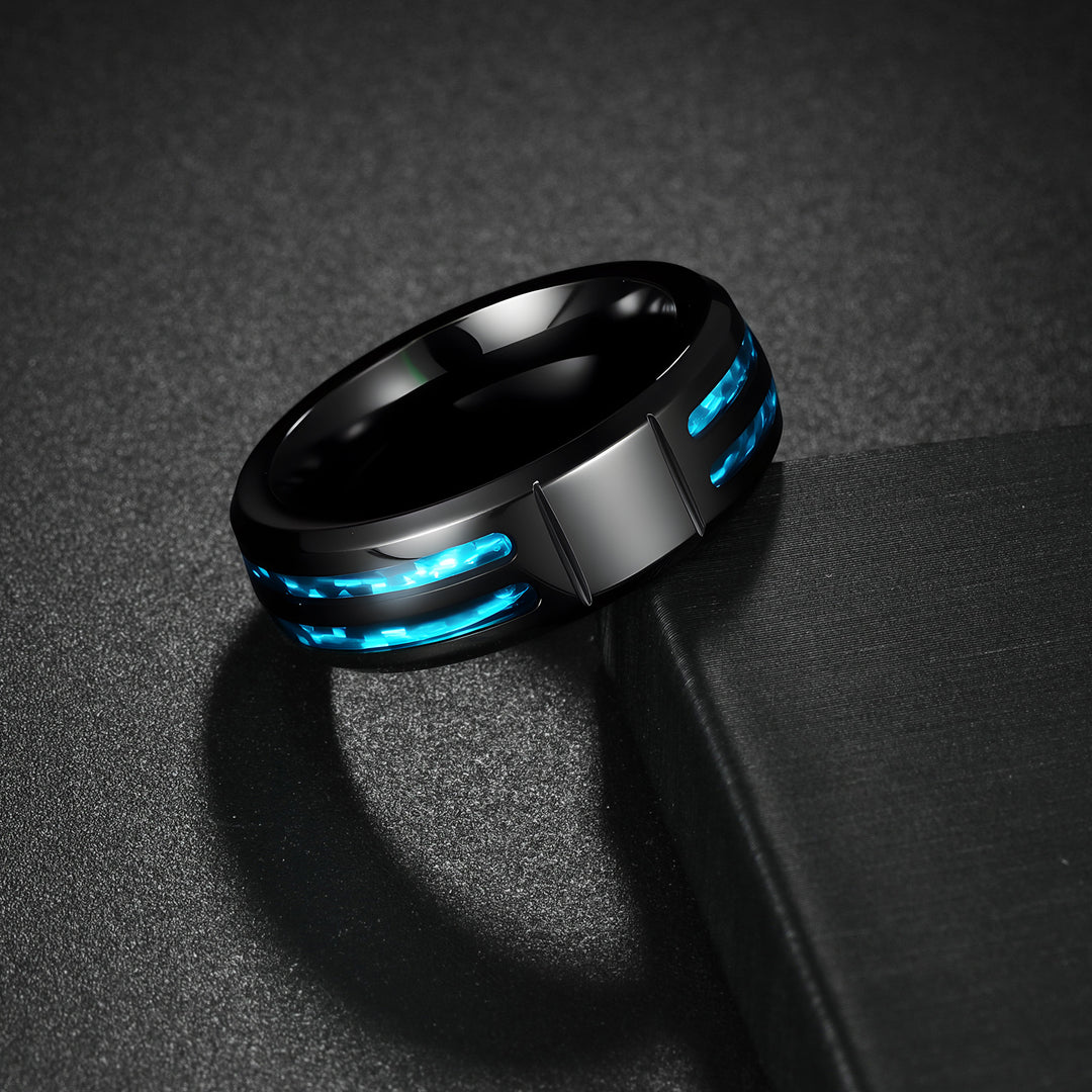 Ocean Inspired Jewelry Ring Half Circle Opal Laser Inlay Men's Band Finger Ring
