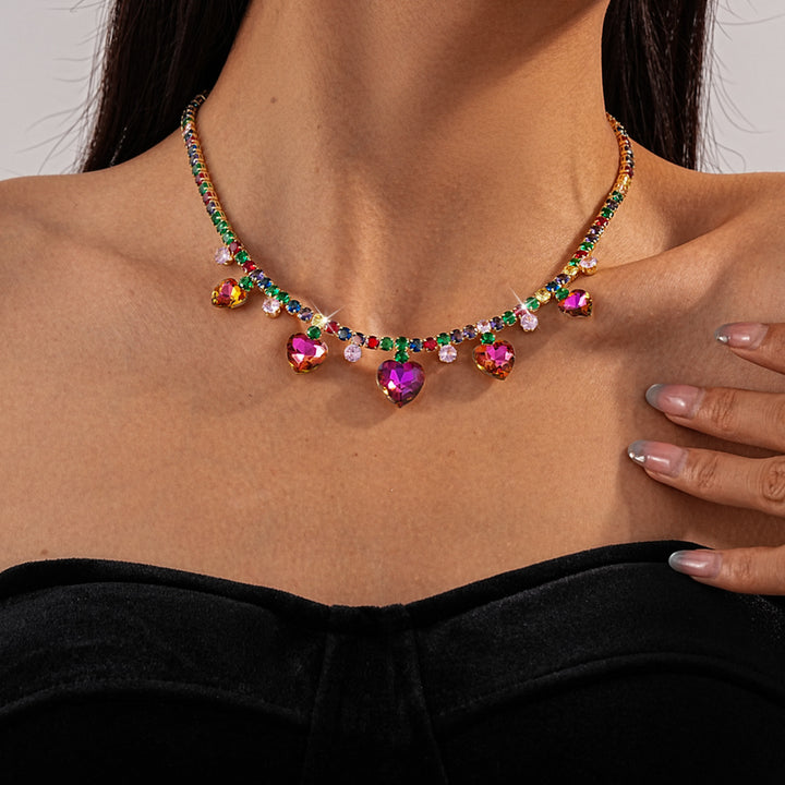 Rainbow Heart Tennis Necklace Earrings Set Women Colorful CZ Gold Jewelry Gift