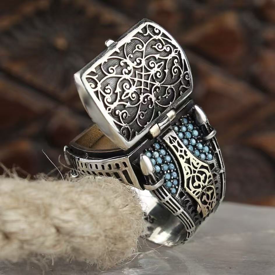 Vintage Engraved Secret Compartment Statement Ring Men Retro Turquoise Inlaid Jewelry