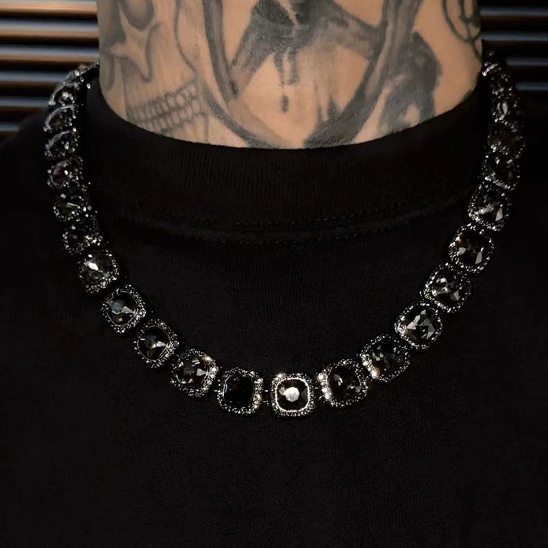 Black Cushion Cut Diamond Tennis Chain Hip Hop Statement Necklace Bracelet Set Iced Out Square Diamond Choker Trendy Streetwear Jewelry For Men