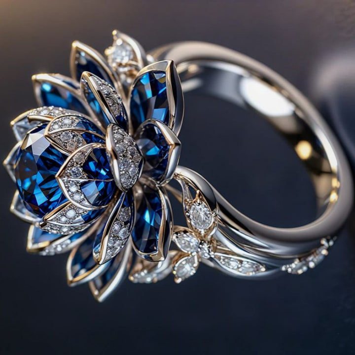 Sapphire Blue 3D Lotus Flower Statement Ring Women Vintage Floral Cocktail Ring Diamond Accent
