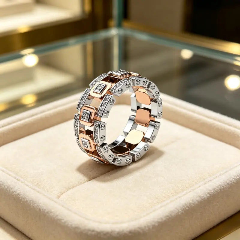 Two Tone Square Diamond Link Band Ring Iced Out Statement Stackable Ring Luxury Geometric Chain Design Fashion Jewelry For Men