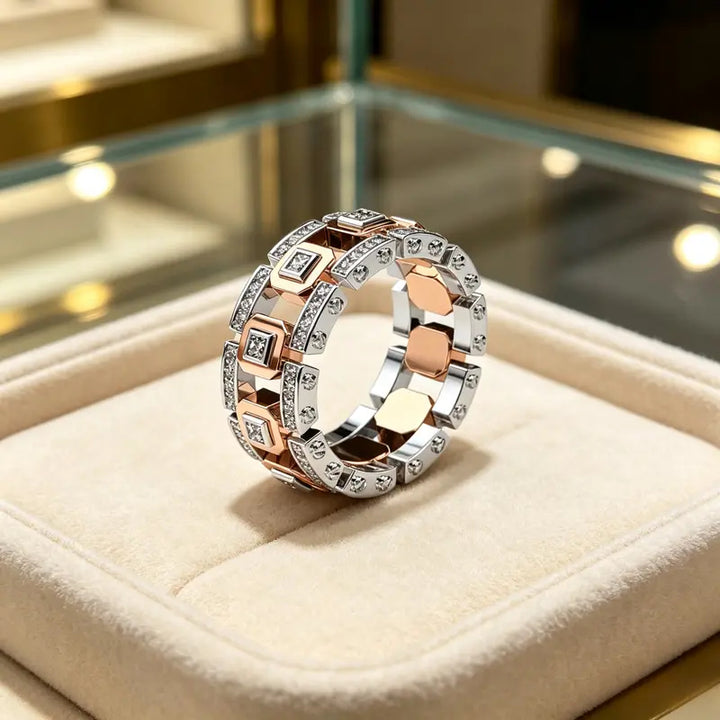Two Tone Square Diamond Link Band Ring Iced Out Statement Stackable Ring Luxury Geometric Chain Design Fashion Jewelry For Men