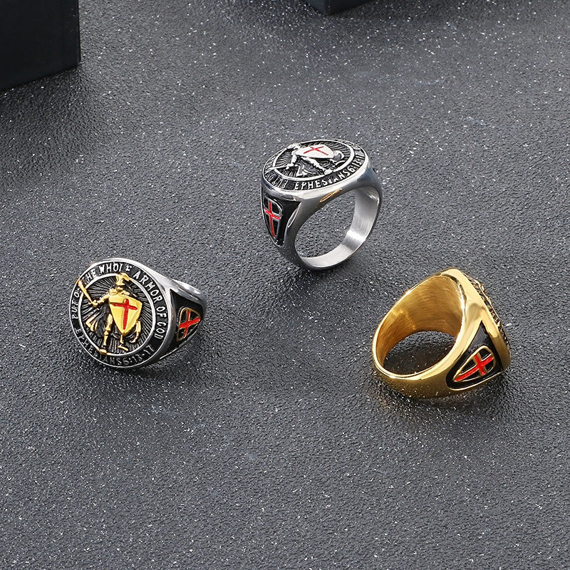 Knights Templar Armor Of God Signet Ring For Men Vintage Cross Engraved Titanium Steel Statement Ring