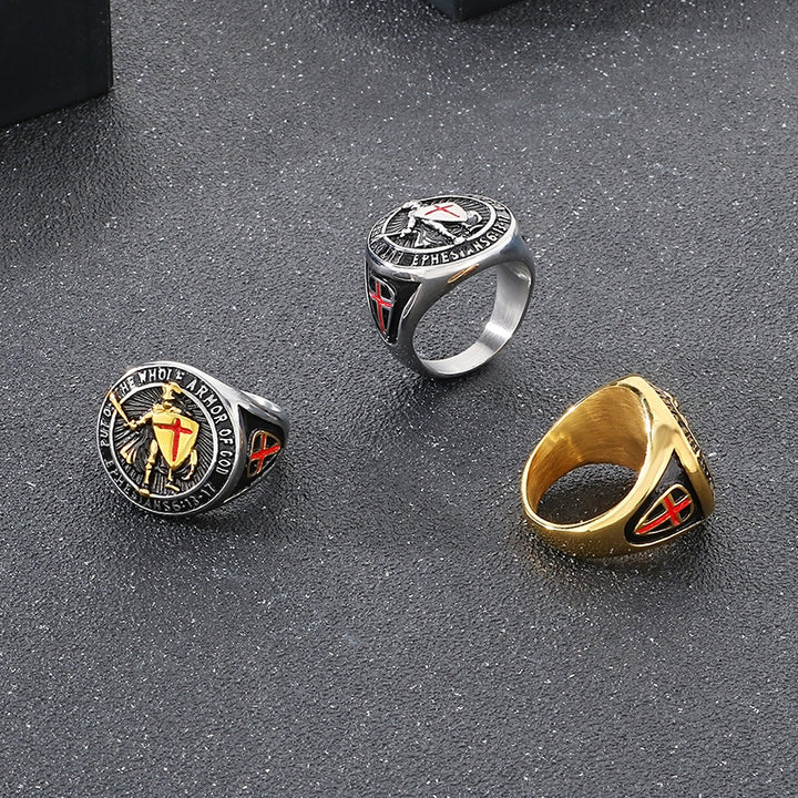 Knights Templar Armor Of God Signet Ring For Men Vintage Cross Engraved Titanium Steel Statement Ring