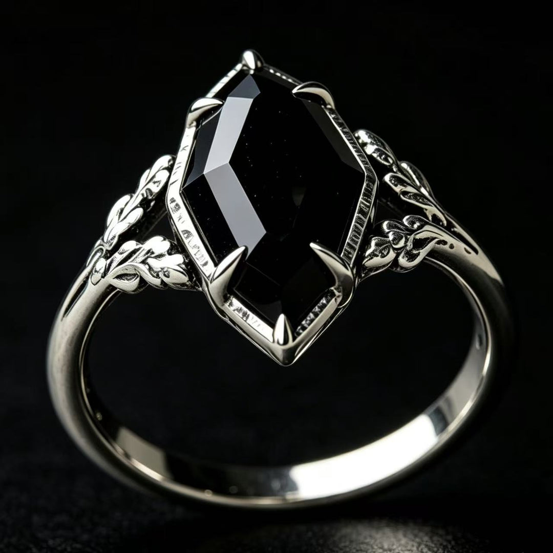 Black Onyx Marquise Vine Ring Women Gothic Vintage Silver Engagement Ring