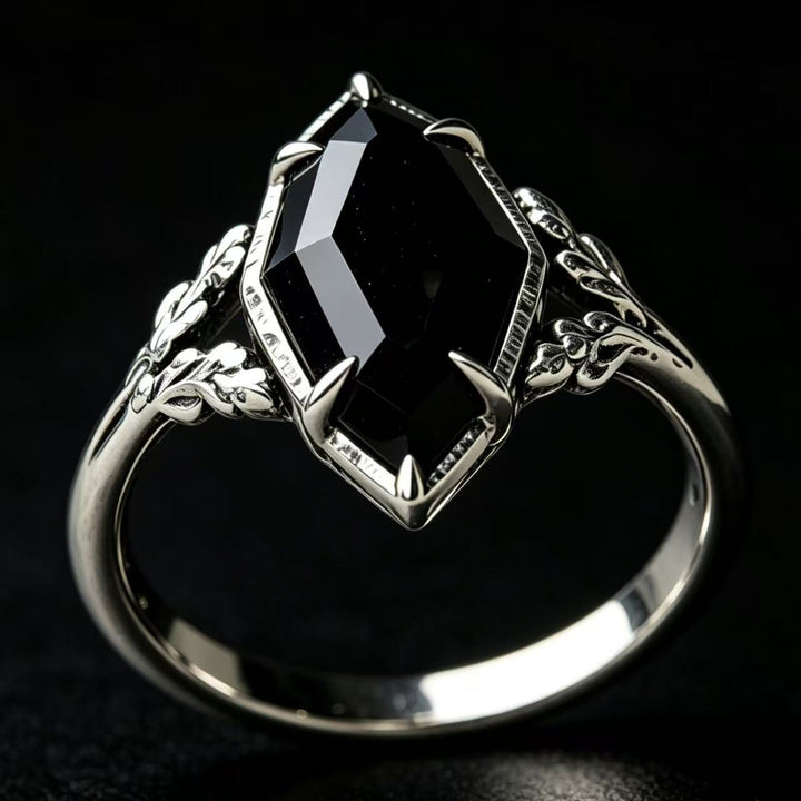 Black Onyx Marquise Vine Ring Women Gothic Vintage Silver Engagement Ring