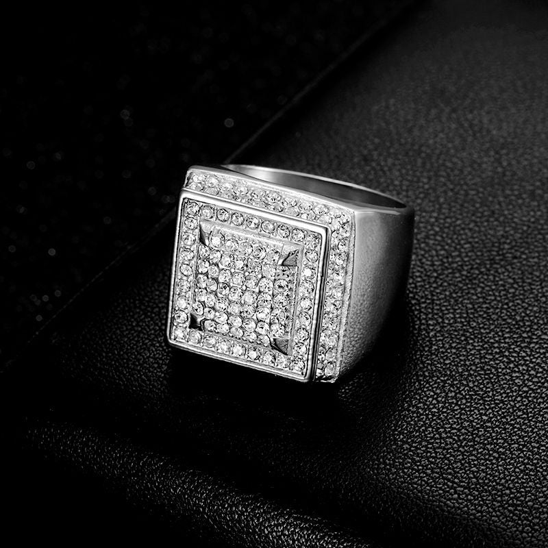 Men's Square Signet Ring Pave Diamond Wide Band Hip Hop Pinky Ring Gold Silver Two Tone