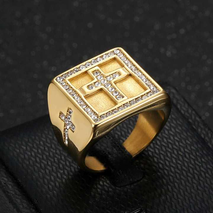 Square Cross Jewelry Signet Ring For Men Inlaid Diamond Two Tone Statement Ring