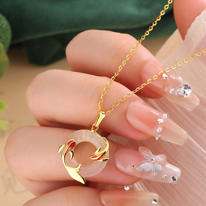 Koi Fish Peace Buckle Chalcedony Necklace Women Vermeil Gold Lucky Pendant