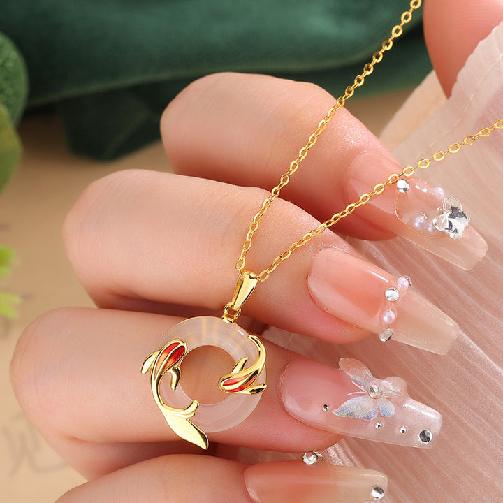 Koi Fish Peace Buckle Chalcedony Necklace Women Vermeil Gold Lucky Pendant