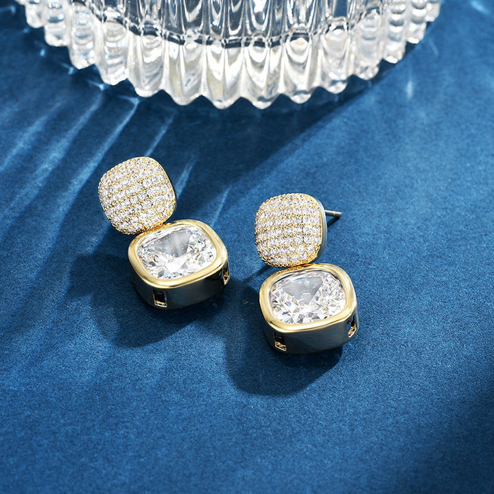 Cushion Cut Diamond Drop Earrings Women Pave Two Tier Square Gold Statement Earrings