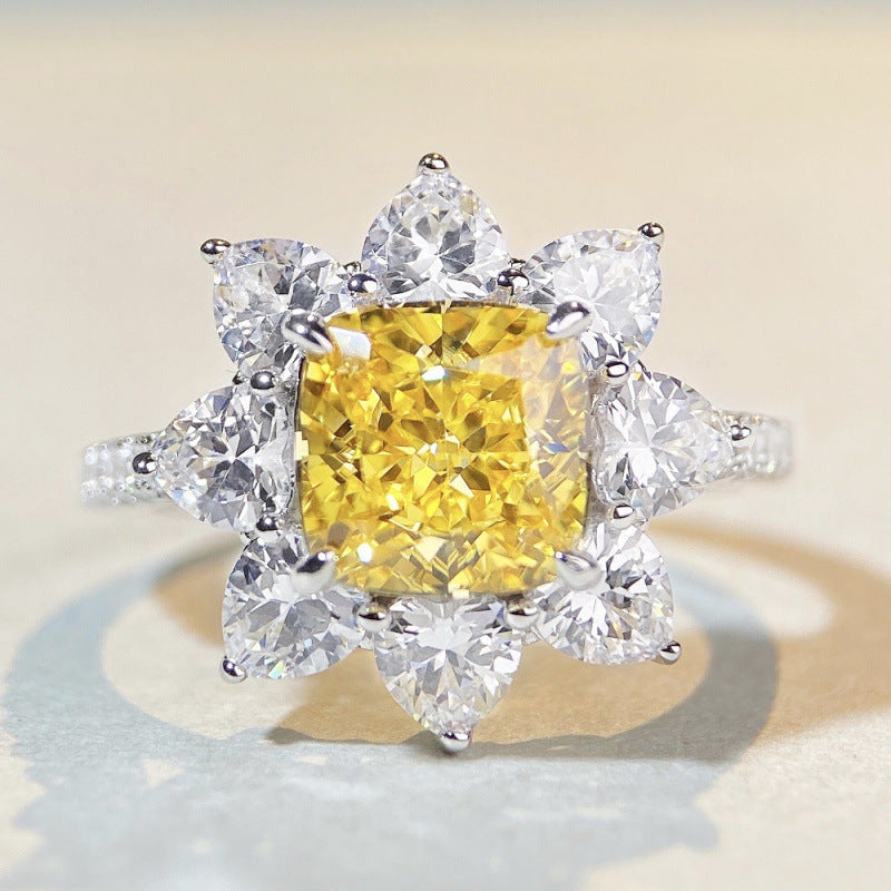 Yellow Diamond Flower Halo Ring Women Pear White Diamond Silver Vintage Jewelry Gift