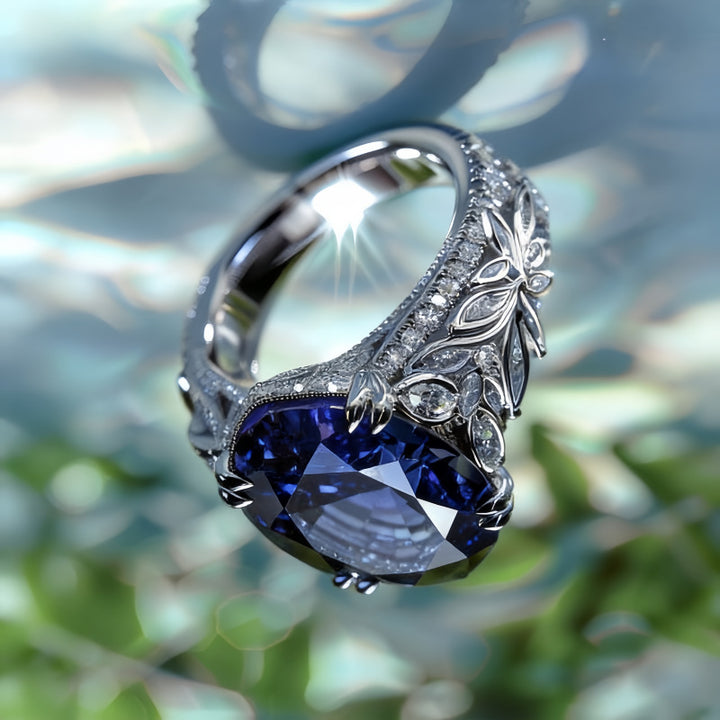 Oval Blue Sapphire Vintage Filigree Ring Women Art Nouveau Leaf Butterfly Engagement Ring
