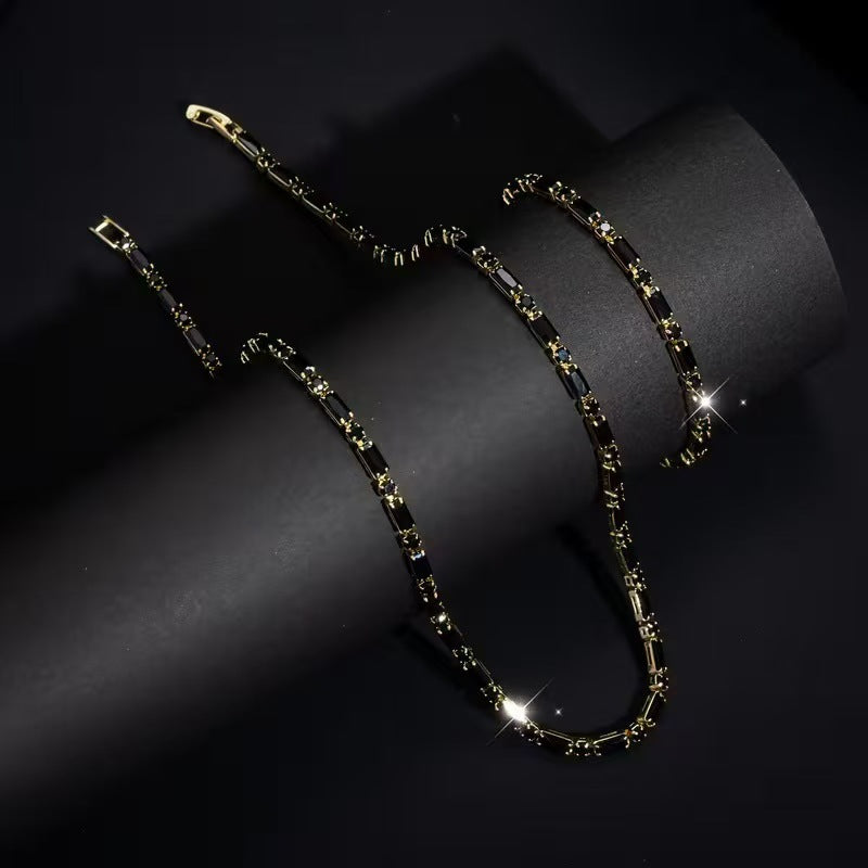 Hip Hop Black Diamond Tennis Jewelry Set, 18K Gold Sterling Silver Necklace And Bracelet Set
