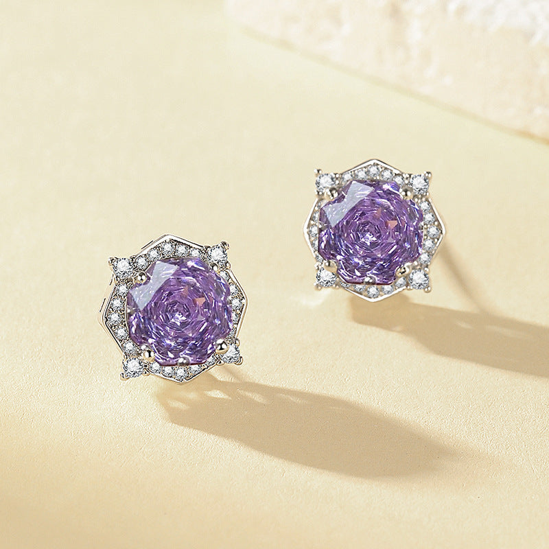 Millennium Rose Cut Diamond Stud Earrings Women Halo Hexagon Silver Sparkling Jewelry Gift