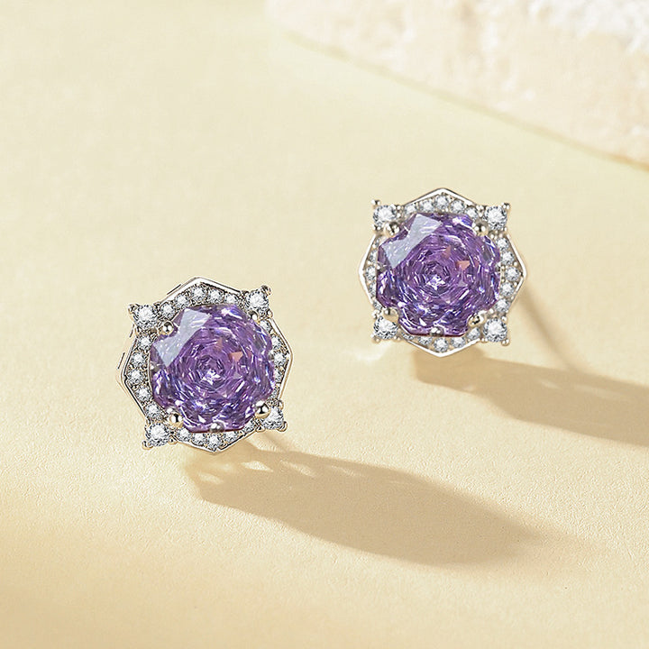 Millennium Rose Cut Diamond Stud Earrings Women Halo Hexagon Silver Sparkling Jewelry Gift