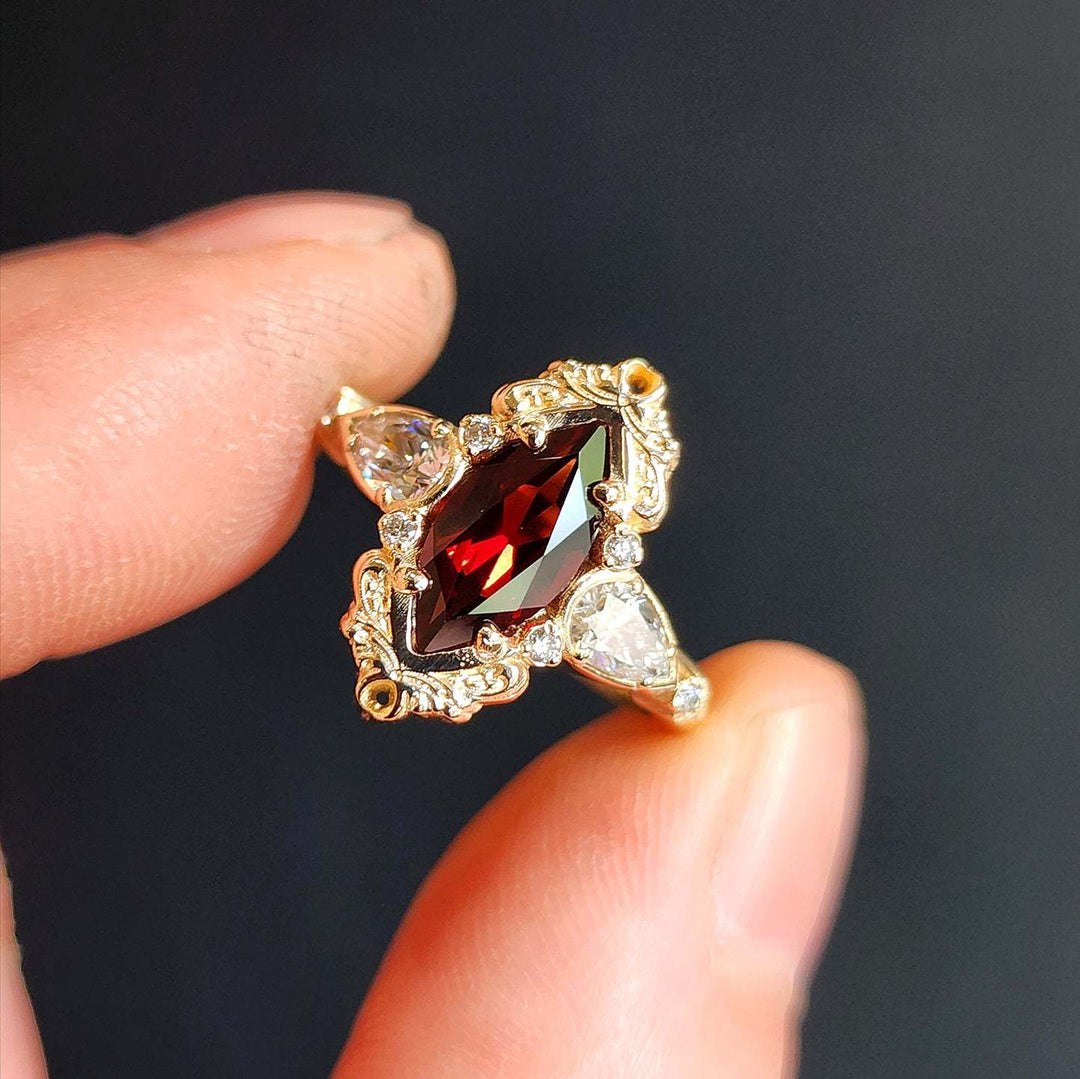 Vintage Marquise Red Gemstone Three Stone Ring Ornate Filigree Halo Diamond Accent Promise Ring Antique Gothic Bridal Statement Ring
