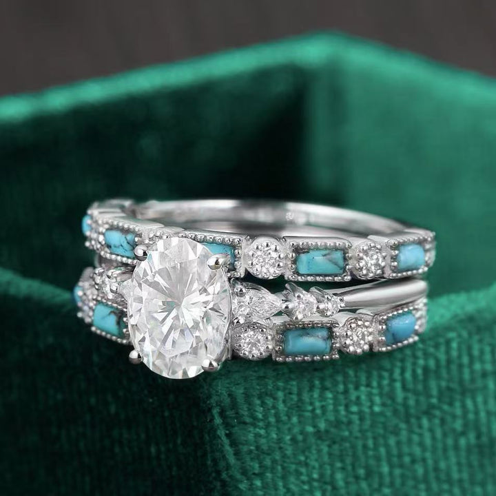 Oval Cut Diamond Turquoise Bridal Ring Set For Women Engagement Wedding Stackable Promise Jewelry