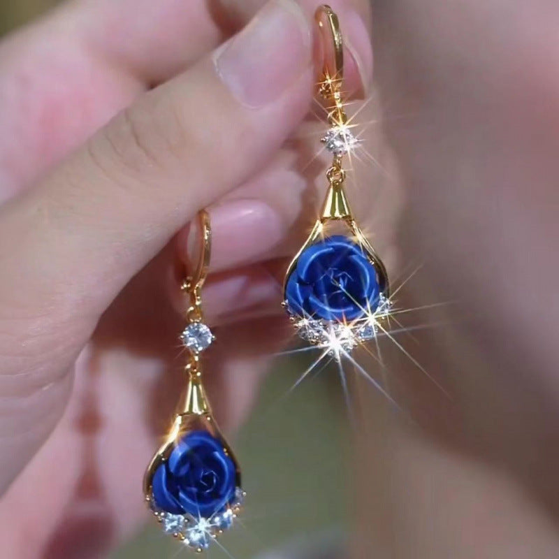 Hollow Teardrop Rose Diamond Dangle Hoop Earrings Vintage Elegant Long Earrings For Women