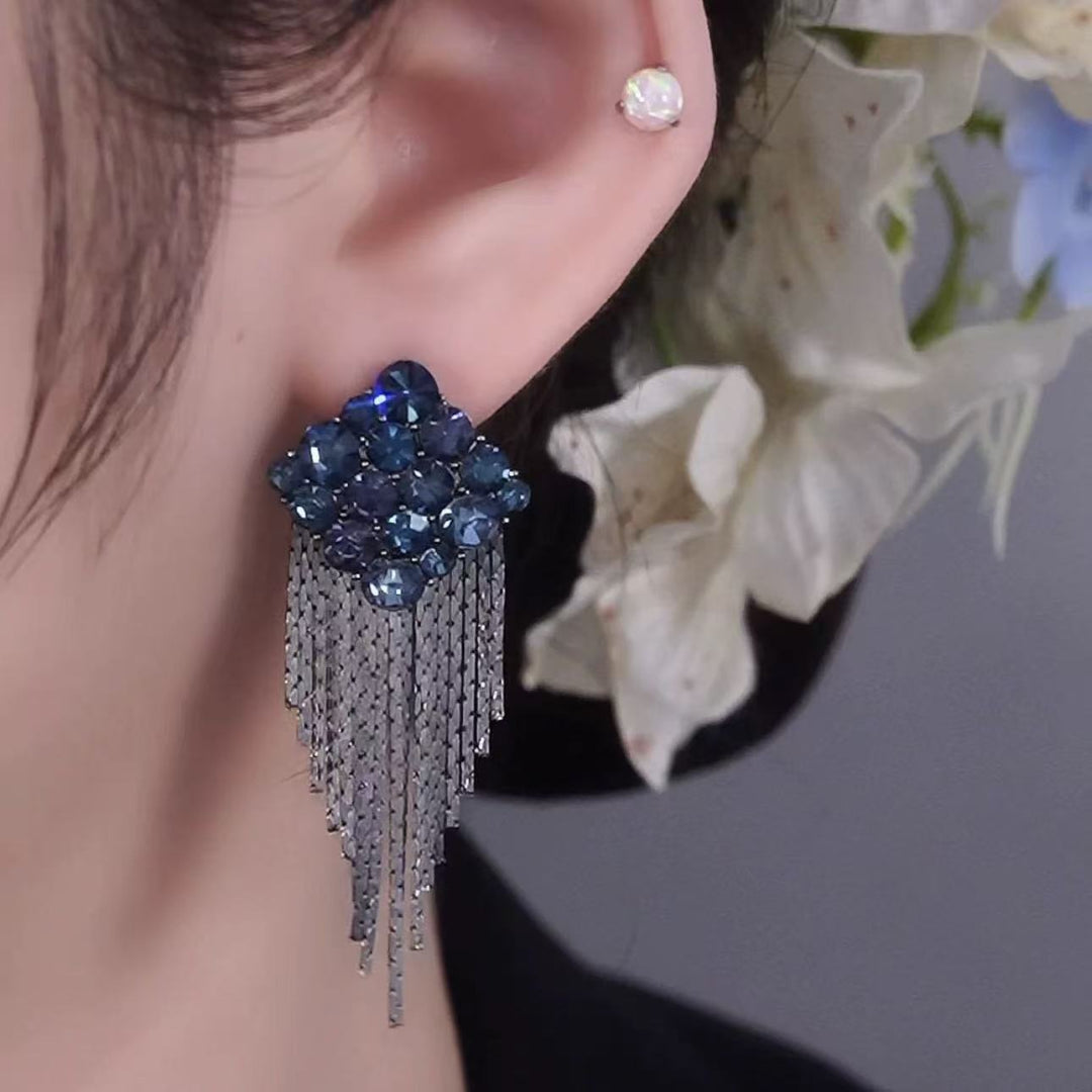 Dark Blue Diamond Cluster Tassel Drop Earrings Elegant Statement Jewelry For Women
