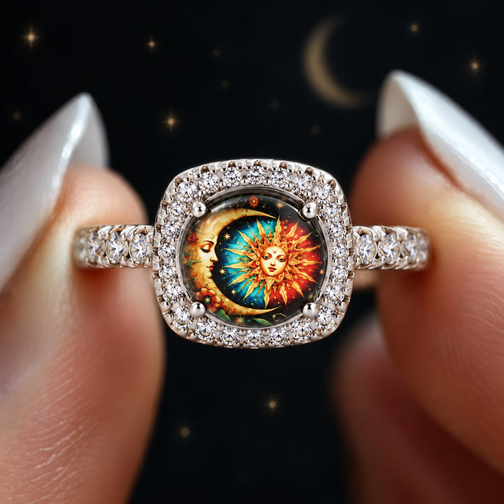 Sun And Moon Goddess Art Ring Square Halo Statement Ring Mystical Celestial Pattern Fashion Ring For Women