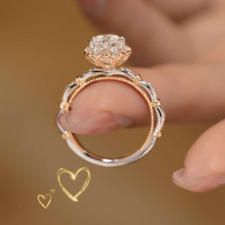 Round Diamond Floral Halo Engagement Ring Two Tone Vintage Lace Statement Bridal Promise Ring
