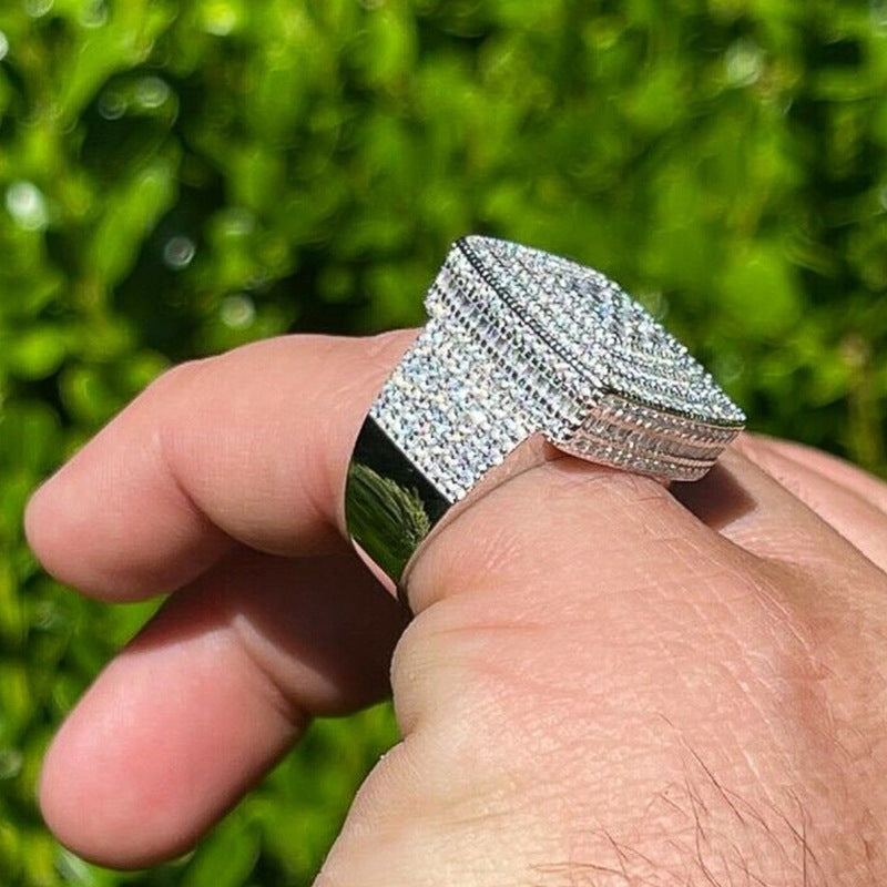 Square Multi‑Layer Full‑Pave Diamond Wide Band Men Ring Hip‑Hop Heavy‑Set Shiny Diamond Ring