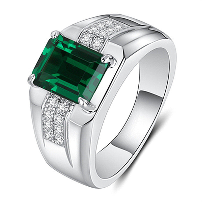 Rectangular Gemstone Men's Ring, Luxury Business Band in S925 Silver (Sapphire / Emerald Optional)