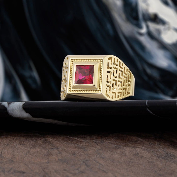 Vintage Meander‑Pattern Hollow Wide‑Band Men’s Ring, Square‑Gem Square‑Bezel Signet Ring