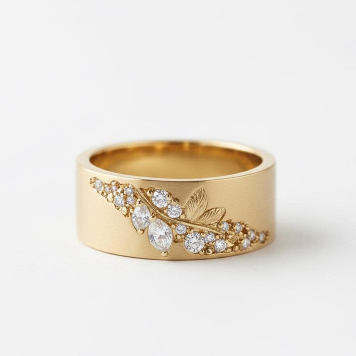Vintage Leaf Branch Wide Band Ring Marquise Round Diamond Inlaid Statement Ring Bridal Wedding Band Elegant Stackable Cocktail Ring Timeless Luxury Jewelry For Her Gift