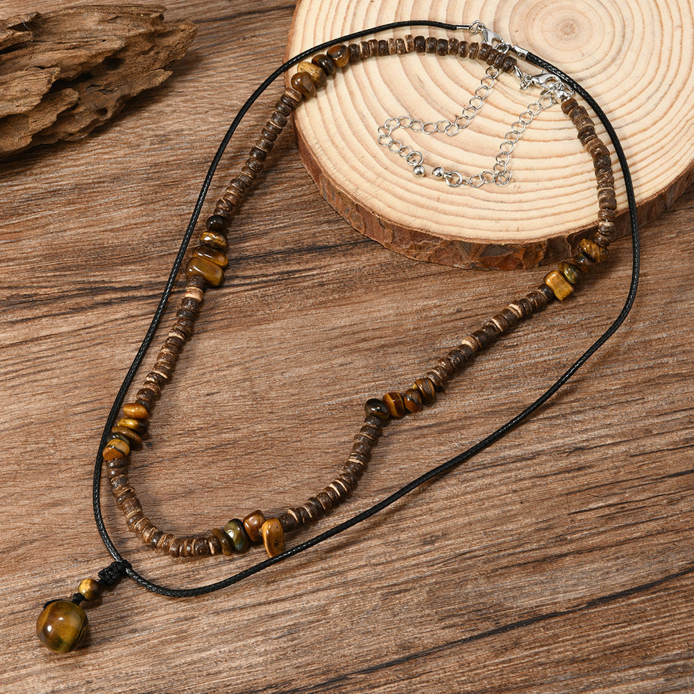 Men's Layered Beaded Necklace Natural Wood Turquoise Tiger Eye Leather Cord Pendant Necklace