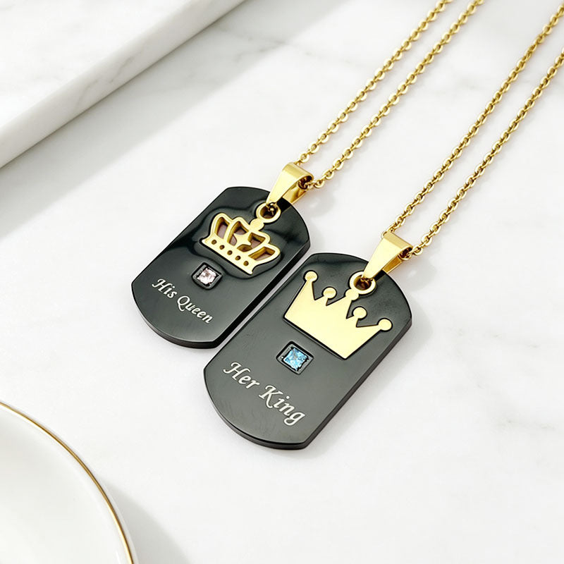 King Queen Crown Dog Tag Couple Necklaces Engraved Square‑Stone Pair Pendants