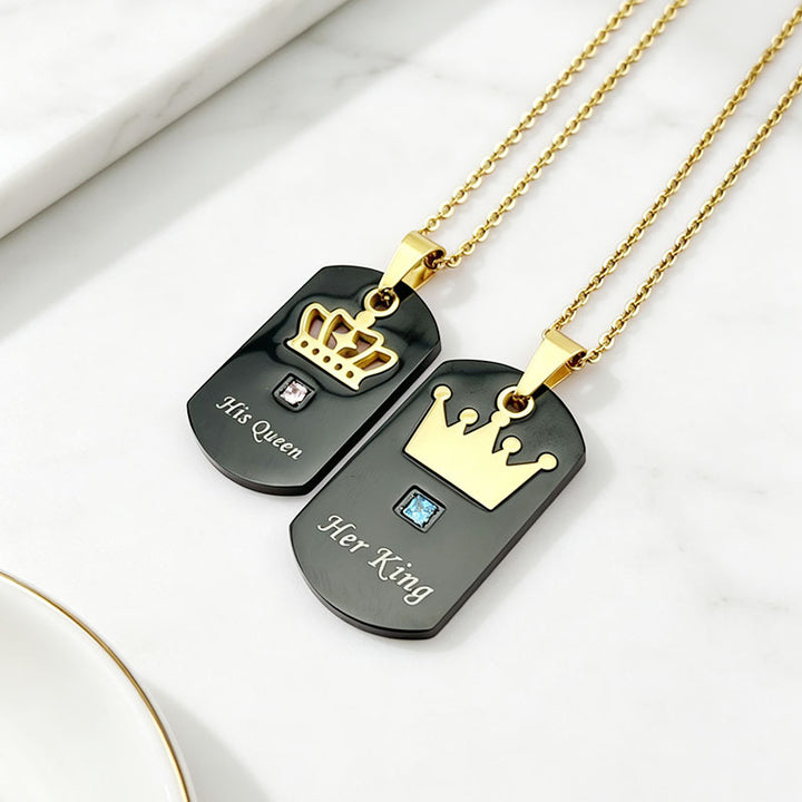 King Queen Crown Dog Tag Couple Necklaces Engraved Square‑Stone Pair Pendants