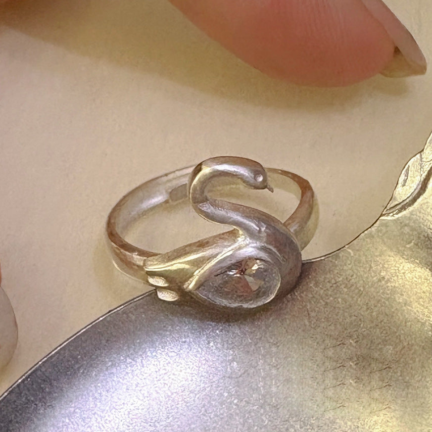 Swan Shape Adjustable Statement Ring Solid Sterling Silver Teardrop Diamond Inlaid Elegant Animal Inspired Ring