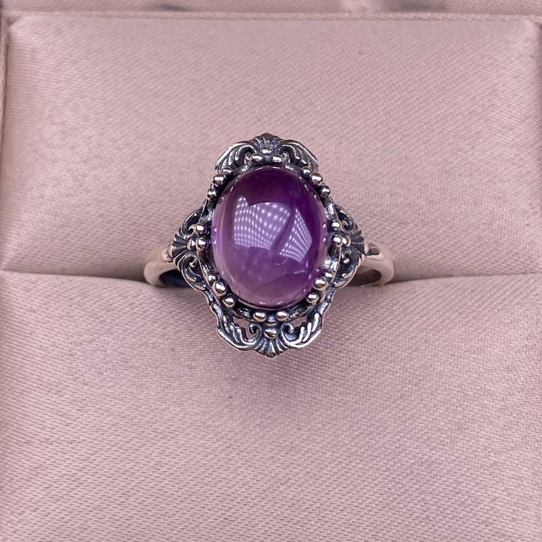 Vintage Oval Gemstone Solid Sterling Silver Adjustable Open Ring Ornate Floral Carved Statement Ring