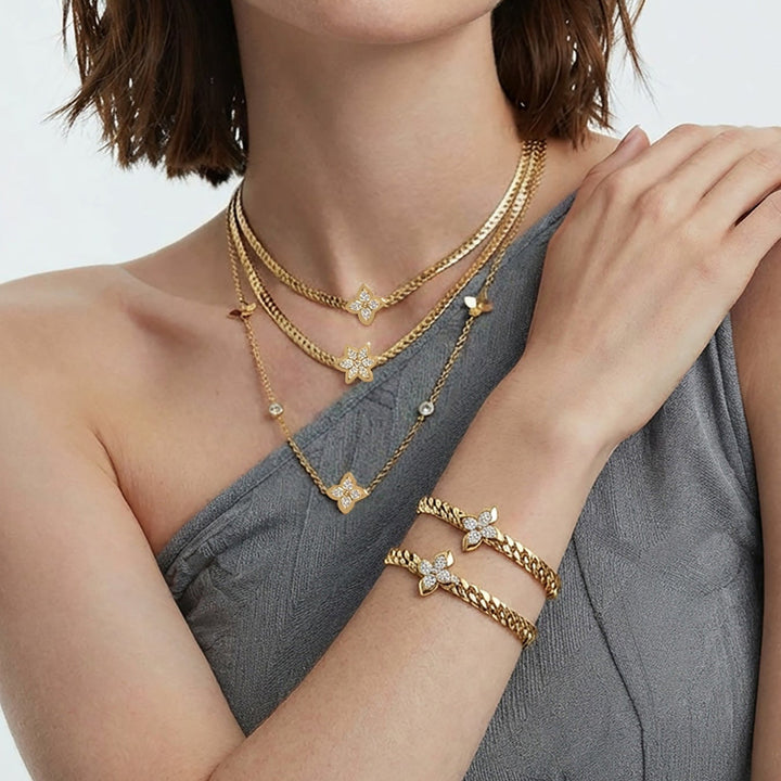Four Leaf Clover Cuban Link Necklace Bracelet Set Dainty Inlaid Diamond Stackable Jewelry Timeless Elegant Statement Gift For Women
